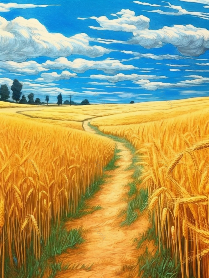 蓝天白云下的麦子麦穗和羊肠小路背景,插画/手绘图,插画/手绘图库,插画/手绘图下载,插画/手绘